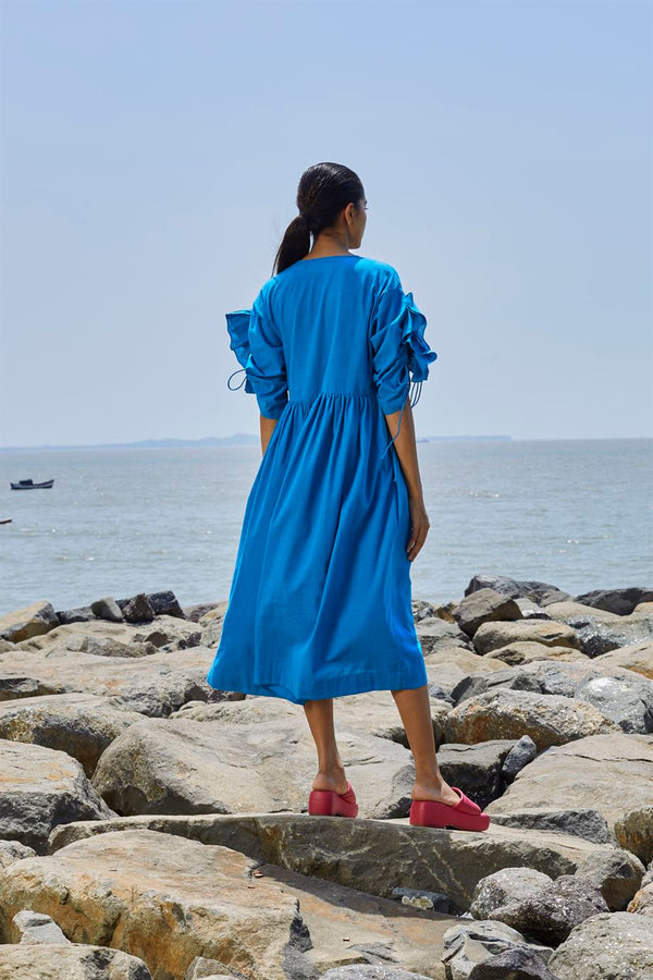 New Season Summer/Fall 23-Dress Ruffle Sleeve Cotton Blue-MTRUFFSLDR-NA Slub Blue-Fashion Edit Mati - Shop Cult Modern