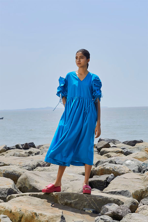 New Season Summer/Fall 23-Dress Ruffle Sleeve Cotton Blue-MTRUFFSLDR-NA Slub Blue-Fashion Edit Mati - Shop Cult Modern