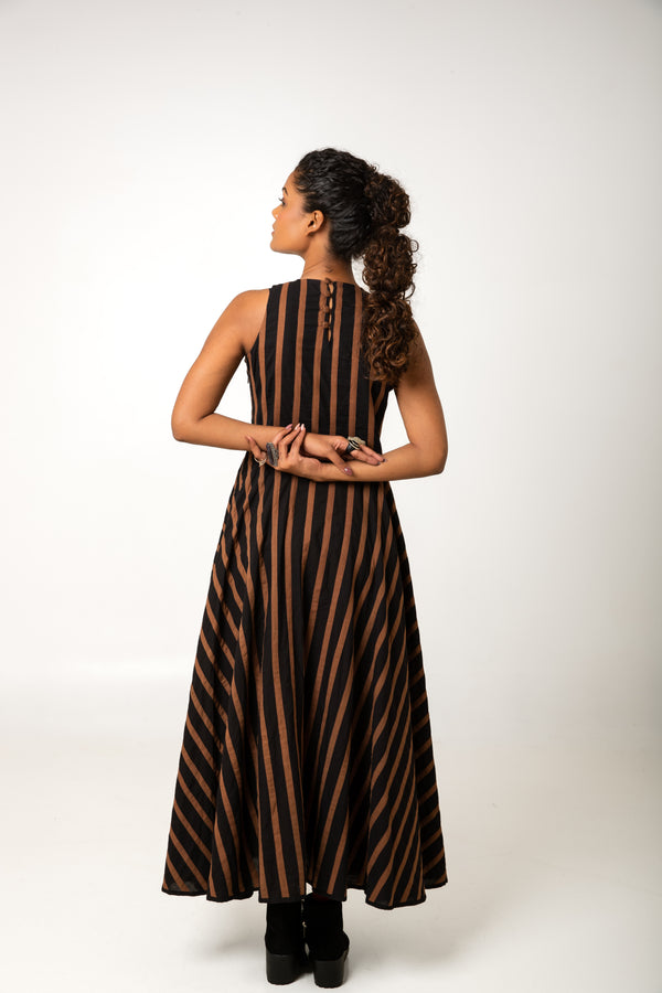 New Season Summer/Fall 2023-Dress Applique Stripes Cotton Bela Brown Black -Ka-Sha - Fashion Edit Aseem - Shop Cult Modern