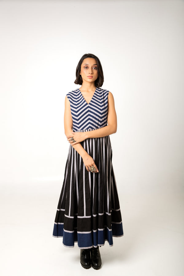 New Season Summer/Fall 2023-Dress Applique Stripes Cotton Malti Navy Black / Red Brown -Ka-Sha - Fashion Edit Aseem - Shop Cult Modern