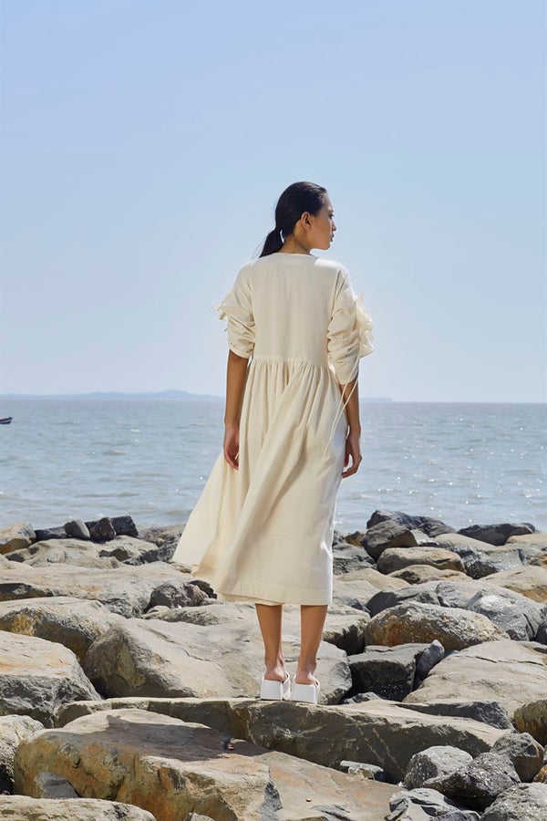 New Season Summer/Fall 23-Dress Ruffle Sleeve Cotton Offwhite-MTRUFFSLDR-NA Slub Oatmeal-Fashion Edit Mati - Shop Cult Modern