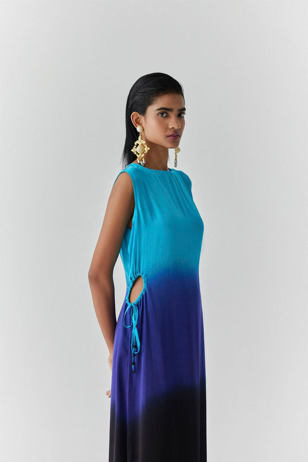New Season Summer to Fall 2023-Dress Oceana Vegan Silk Turquoise Blue to Royal Blue to Black-Studio Rigu-Fashion Edit Amazonico - Shop Cult Modern