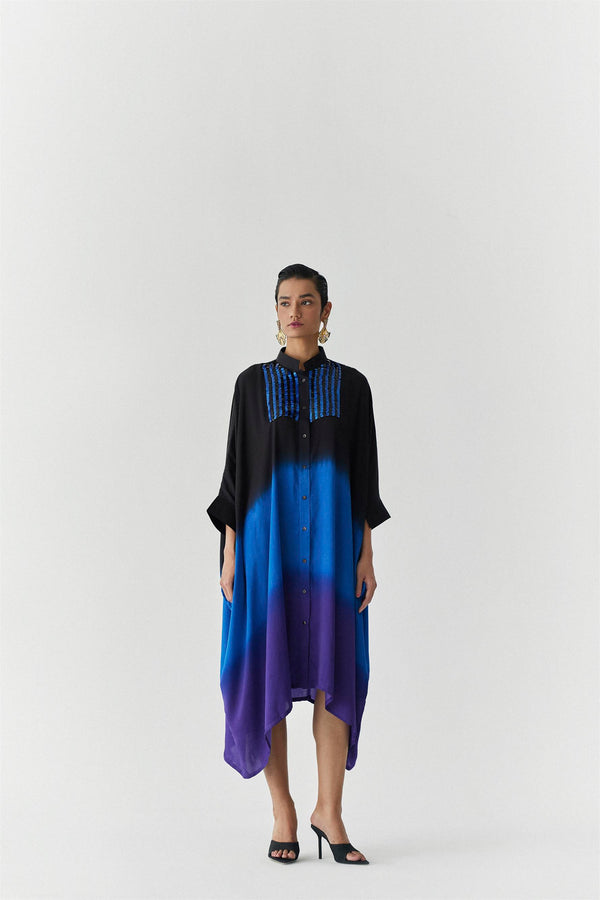 New Season Summer to Fall 2023-Kimono Thames Vegan Silk blackRoyal Blue to Purple-Studio Rigu-Fashion Edit Amazonico - Shop Cult Modern