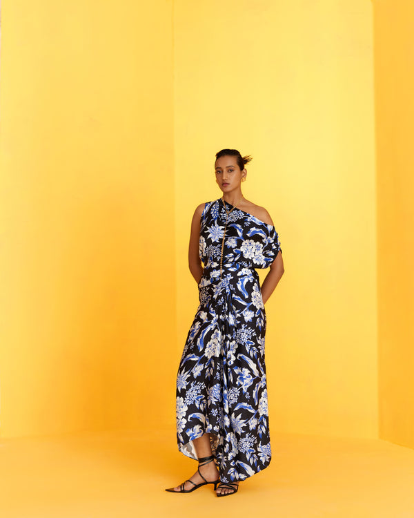 New Season Summer to Fall 2023-Co-ord Top Knot Skirt Vegan Silk Black Blue Pineapple Print-Studio Rigu-Fashion Edit Amazonico - Shop Cult Modern