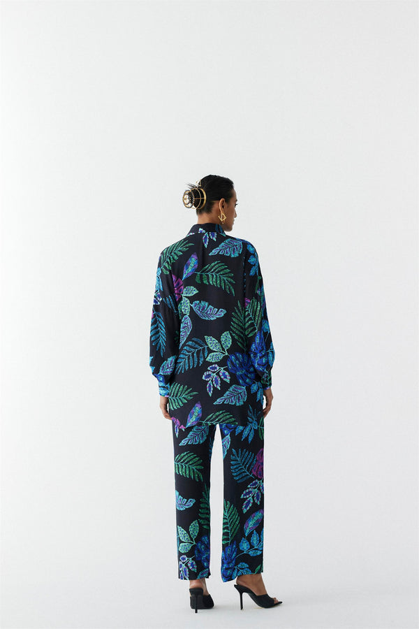 New Season Summer to Fall 2023-Co-ord Jungle Shirt Pants Vegan Silk Black Multi Color Print -Studio Rigu-Fashion Edit Amazonico - Shop Cult Modern