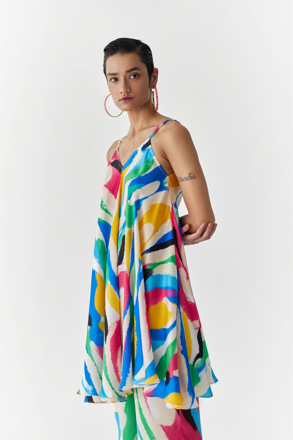 New Season Summer to Fall 2023-Co-ord Brush Stroke Kurta Pants Vegan Silk Multi Color Abstract Print-Studio Rigu-Fashion Edit Amazonico - Shop Cult Modern