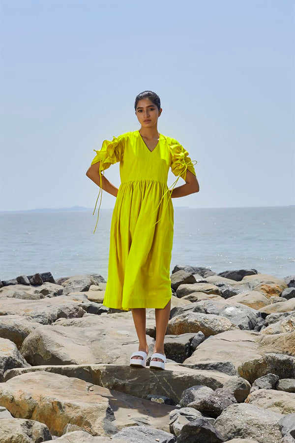 New Season Summer/Fall 23-Dress Ruffle Sleeve Cotton Yellow-MTRUFFSLDR-NA Slub Yellow-Fashion Edit Mati - Shop Cult Modern