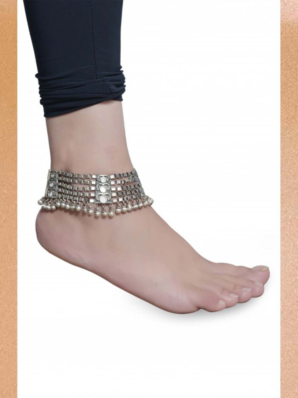 Tribe by Amrapali Anklets Silver Oxidised Ball Drop Mirror