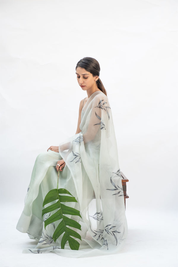 Kapardara - Botany  Saree - Silk Organza - Handpainted - Mint Green - Shop Cult Modern