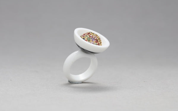 Studio Tara   I   Dali 18K Yellow Gold With Multicolored Sapphires Sphere On White And Black Corian Ring - Shop Cult Modern