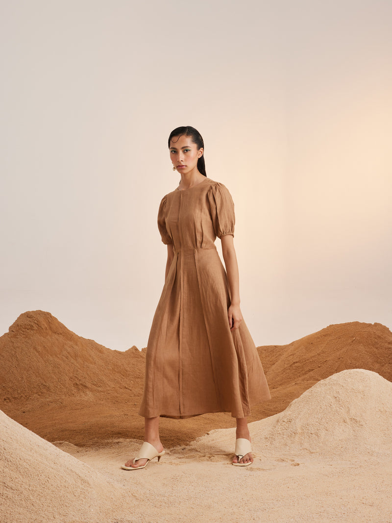 Summer Dress Panelled-Sand-Linen-Ss25-Pd-Sand-Cord - Shop Cult Modern