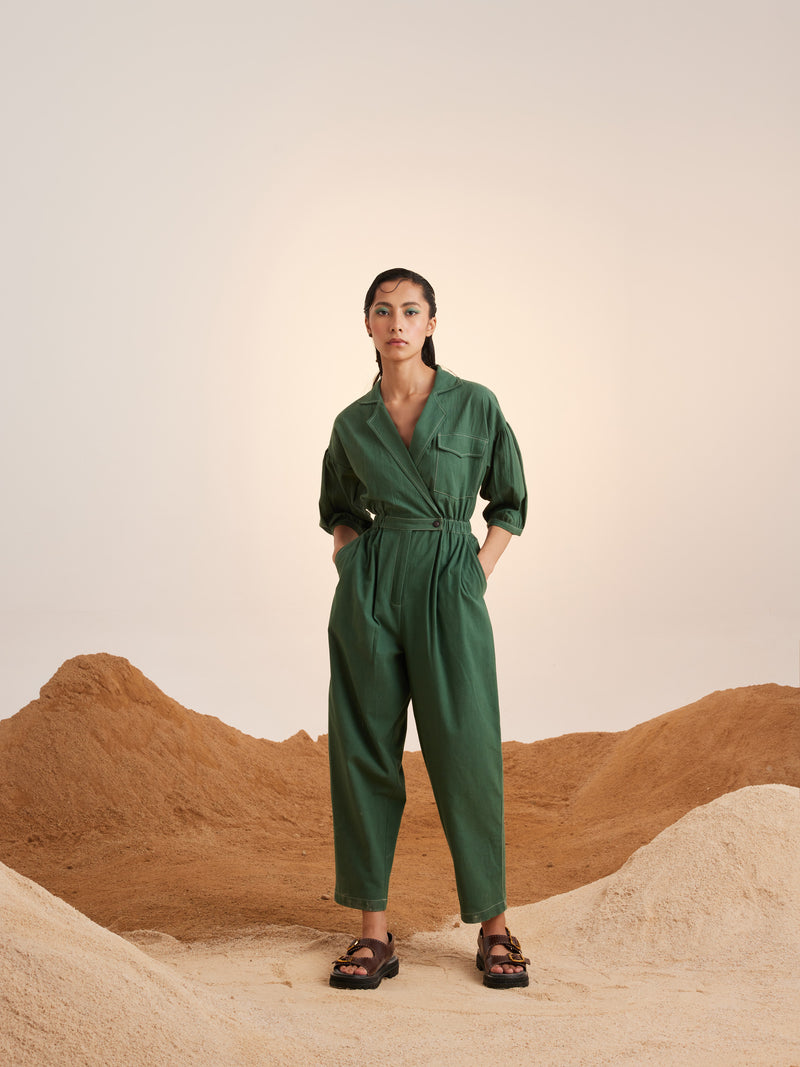 Summer Jumpsuit Topstitch Cotton Crinkle-Green-Ss25-Tsj-Grn-Cord - Shop Cult Modern