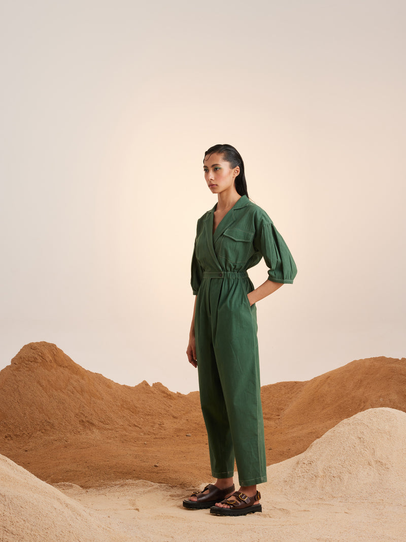 Summer Jumpsuit Topstitch Cotton Crinkle-Green-Ss25-Tsj-Grn-Cord - Shop Cult Modern