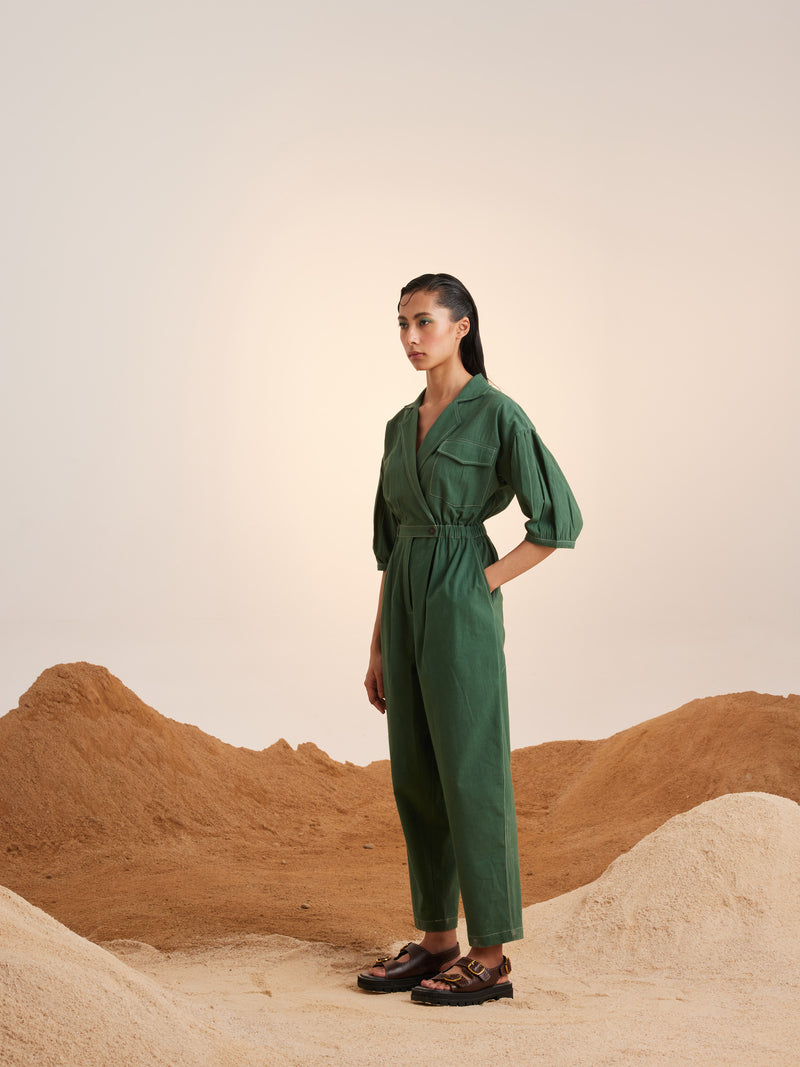 Summer Jumpsuit Topstitch Cotton Crinkle-Green-Ss25-Tsj-Grn-Cord - Shop Cult Modern