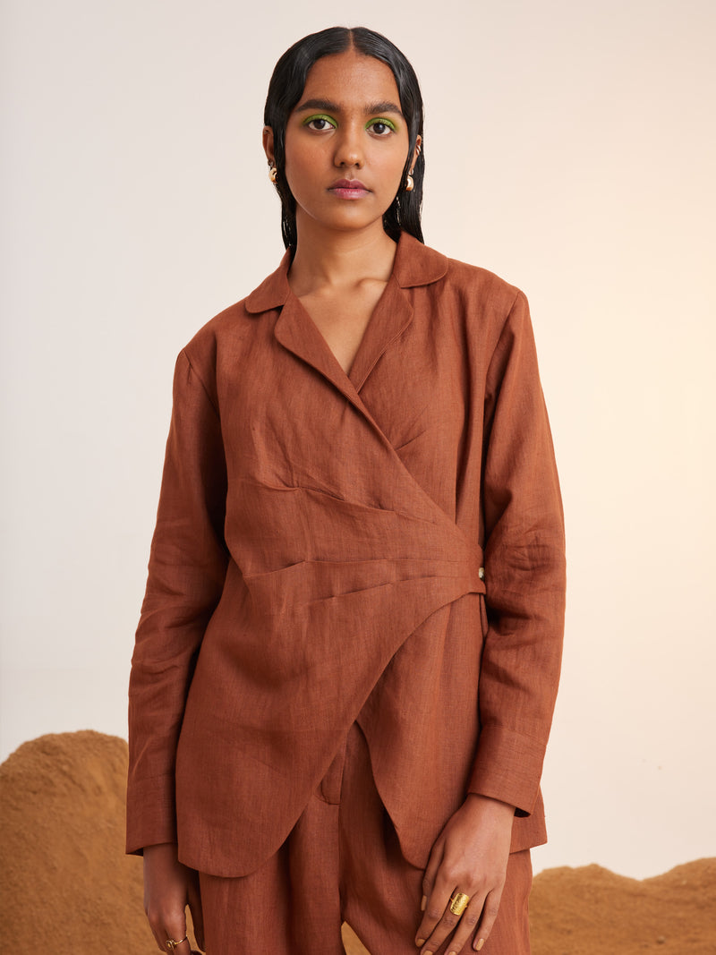 Summer Co-Ord Set Wrap Jacket Blazer-Rust-Linen-Ss23-Wbs-Rst-Cord - Shop Cult Modern