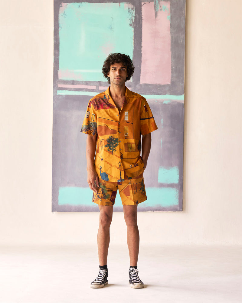 Summer Bush Shirt Animal Linen Mustard S413CL390 SuketDhir - Shop Cult Modern