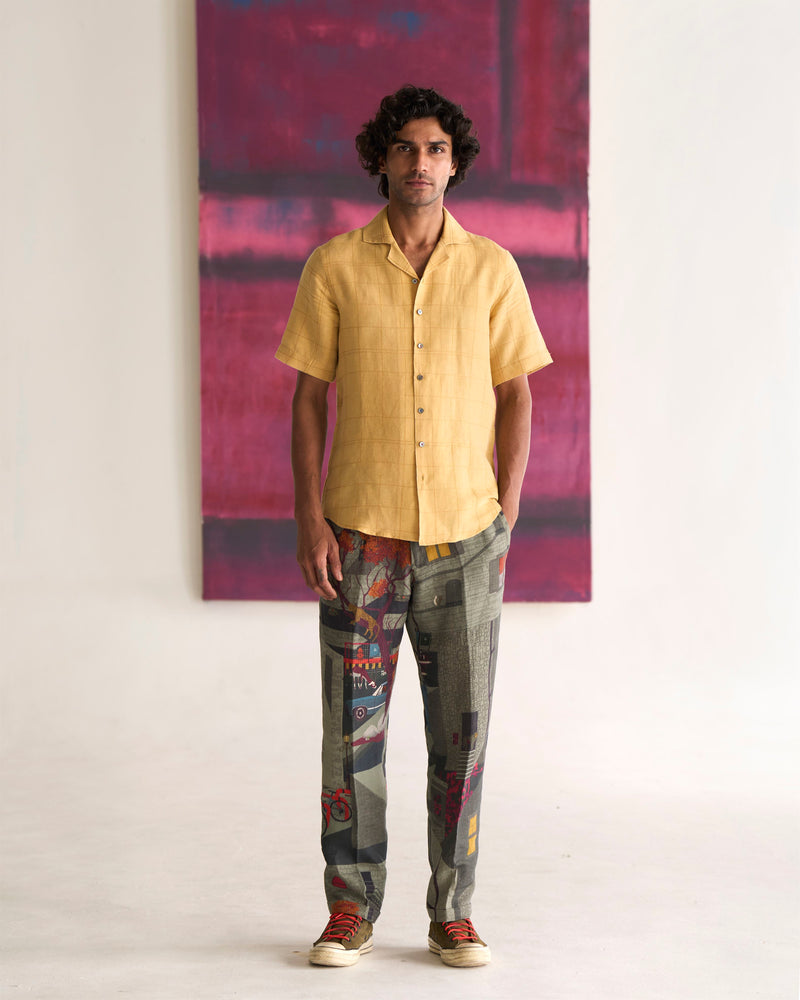 Summer Bush Shirt Yellow Check Dhagai Cotton Linen S413CL113 SuketDhir - Shop Cult Modern