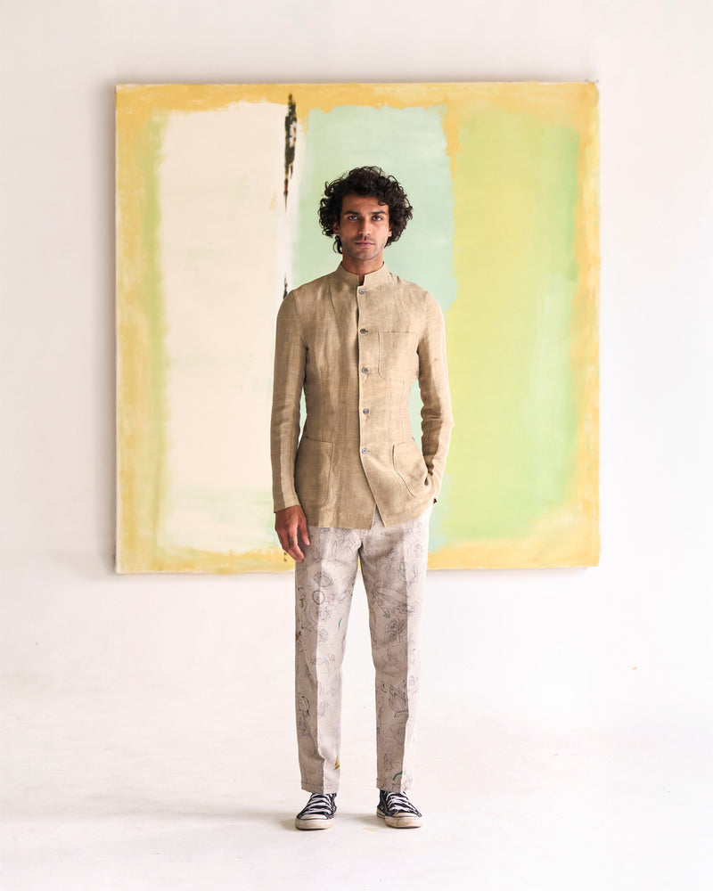 Summer Jacket Bandhgala Sage Satin Linen OW305SL50 SuketDhir - Shop Cult Modern