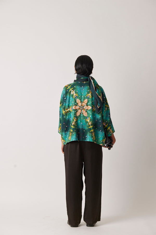 Summer Jacket Short Khadi Anigo Print Embroidery Beading-Kaleidoscope-Fashion Edit-Yc14Jkt-158 Yc14Qkp-01-Yavi - Shop Cult Modern