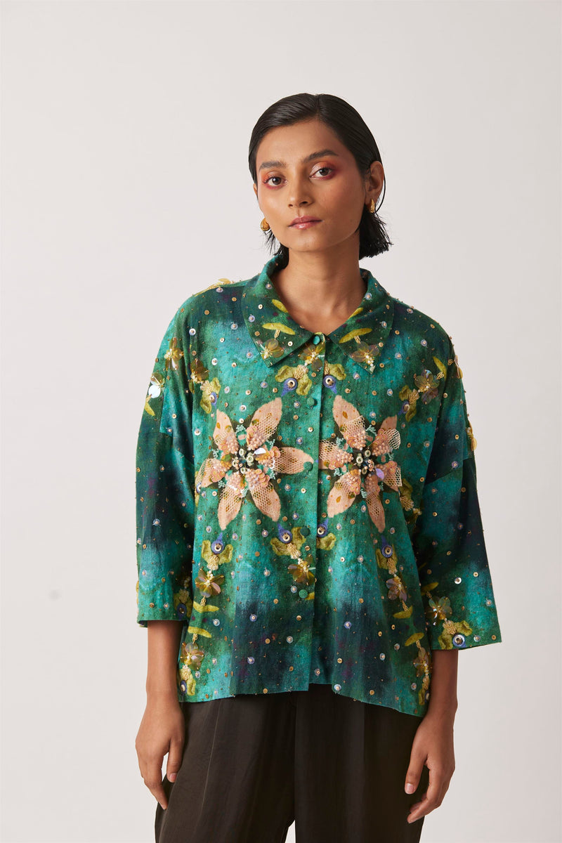 Summer Jacket Short Khadi Anigo Print Embroidery Beading-Kaleidoscope-Fashion Edit-Yc14Jkt-158 Yc14Qkp-01-Yavi - Shop Cult Modern