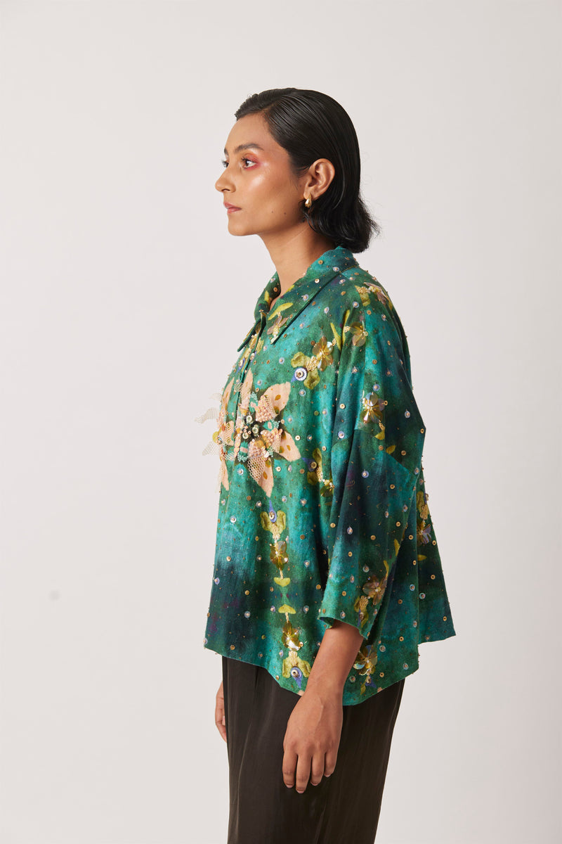 Summer Jacket Short Khadi Anigo Print Embroidery Beading-Kaleidoscope-Fashion Edit-Yc14Jkt-158 Yc14Qkp-01-Yavi - Shop Cult Modern