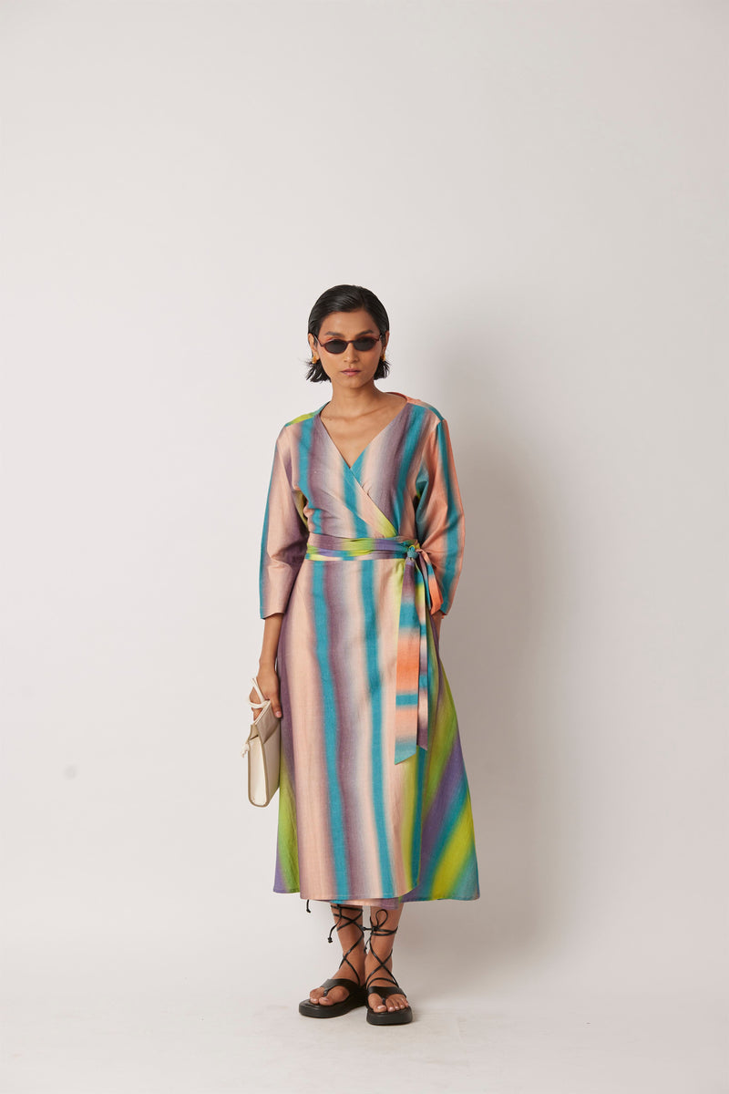 Summer Dress Wrap Khadi Macro Print-Hazy Stripe-Fashion Edit-Yc14D-30 Yc14Hs -01-Yavi - Shop Cult Modern