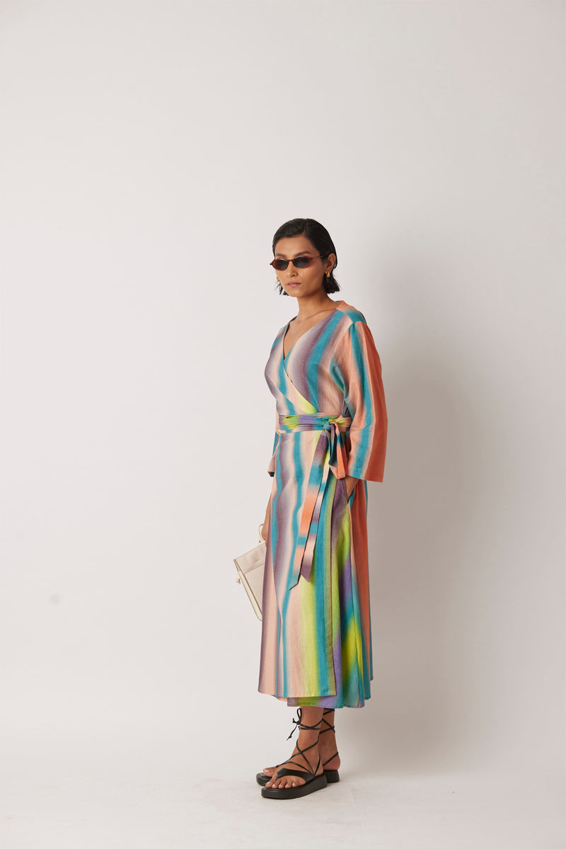 Summer Dress Wrap Khadi Macro Print-Hazy Stripe-Fashion Edit-Yc14D-30 Yc14Hs -01-Yavi - Shop Cult Modern