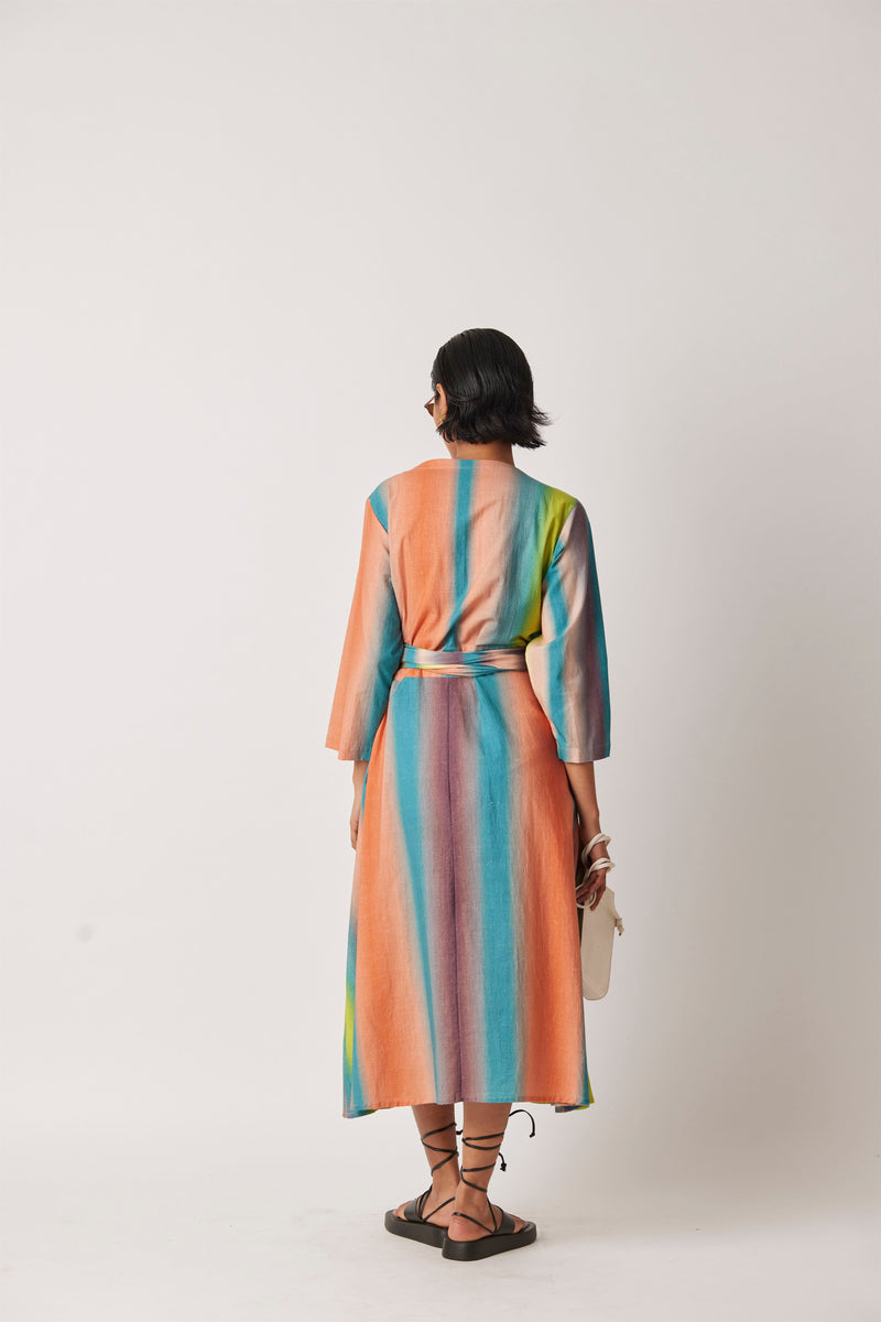 Summer Dress Wrap Khadi Macro Print-Hazy Stripe-Fashion Edit-Yc14D-30 Yc14Hs -01-Yavi - Shop Cult Modern