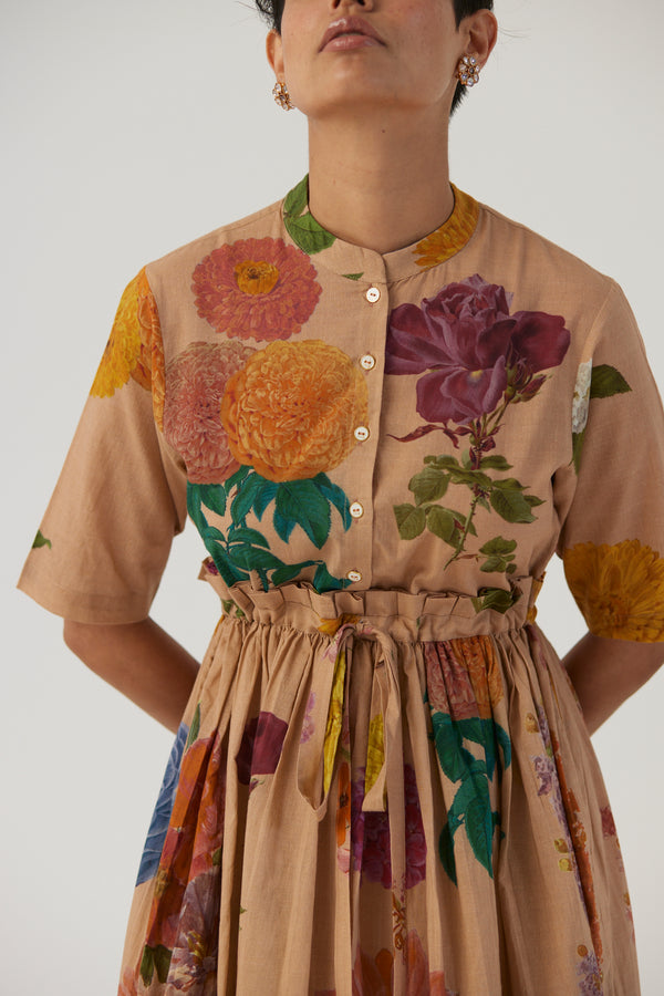 New Season Fall 23/Summer 24-Dress-Cotton -Gathered-Vintage Garden Beige-YAMBB05-Fashion Edit Yam - Shop Cult Modern