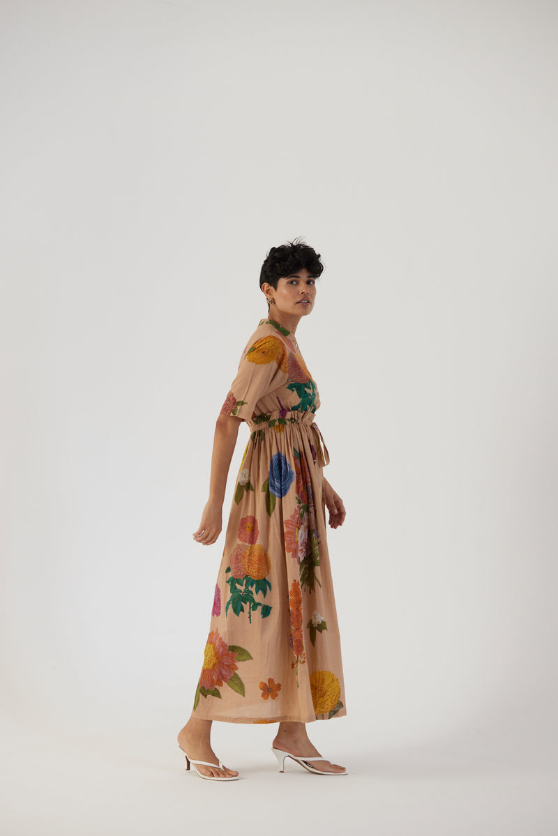 New Season Fall 23/Summer 24-Dress-Cotton -Gathered-Vintage Garden Beige-YAMBB05-Fashion Edit Yam - Shop Cult Modern