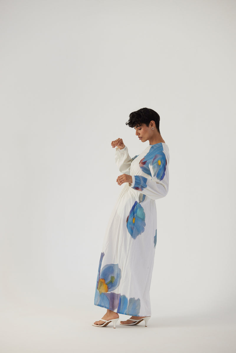 New Season Fall 23/Summer 24-Dress Cotton Satin Pintucks Blue Poppies White-YAMBB14-Fashion Edit Yam - Shop Cult Modern