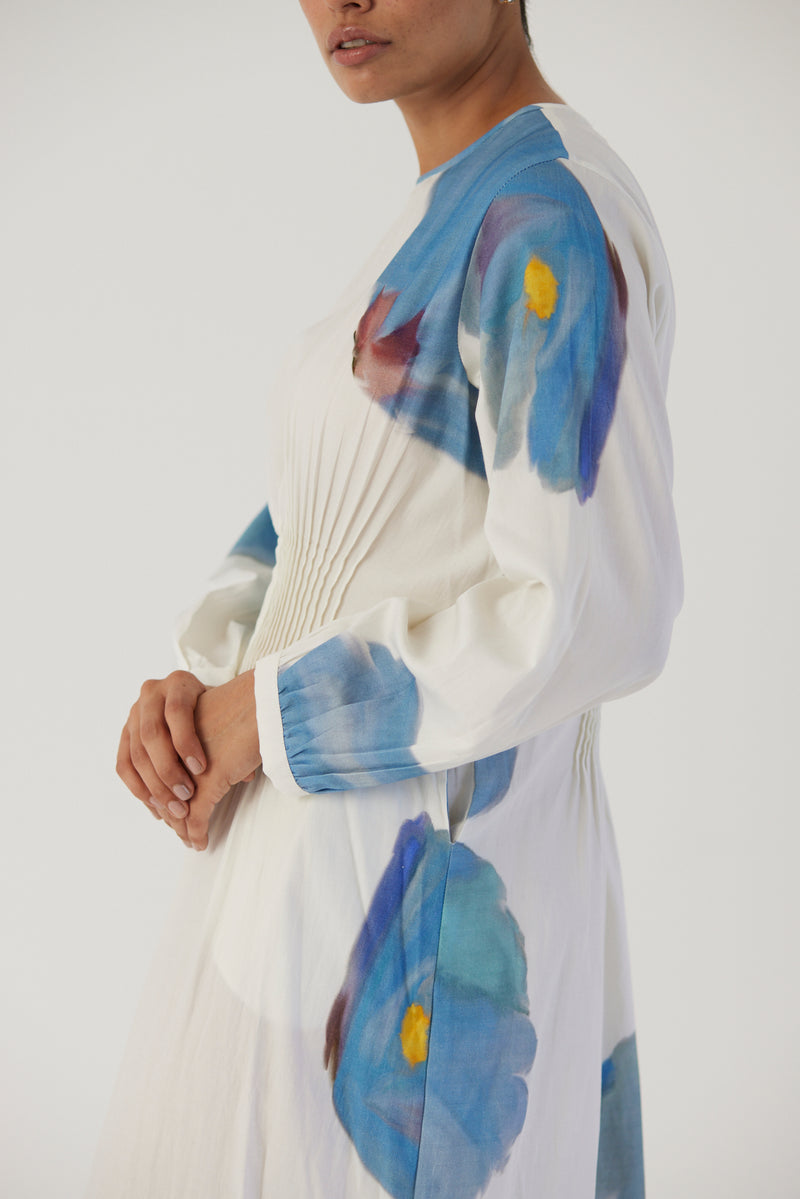 New Season Fall 23/Summer 24-Dress Cotton Satin Pintucks Blue Poppies White-YAMBB14-Fashion Edit Yam - Shop Cult Modern