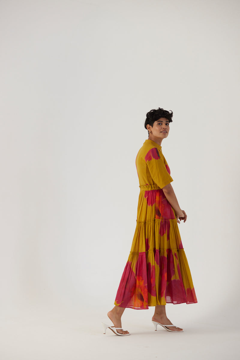 New Season Fall 23/Summer 24-Dress Cotton/Mulmul Tiered Pink Poppies Mustard-YAMBB16-Fashion Edit Yam - Shop Cult Modern