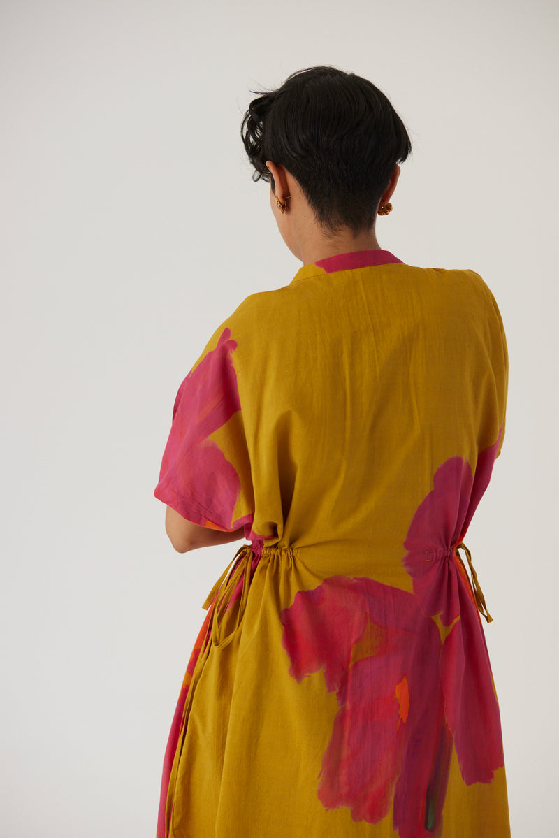 New Season Fall 23/Summer 24-Dress Cotton Side Tie-Up Pink Poppies Mustard-YAMBB17-Fashion Edit Yam - Shop Cult Modern