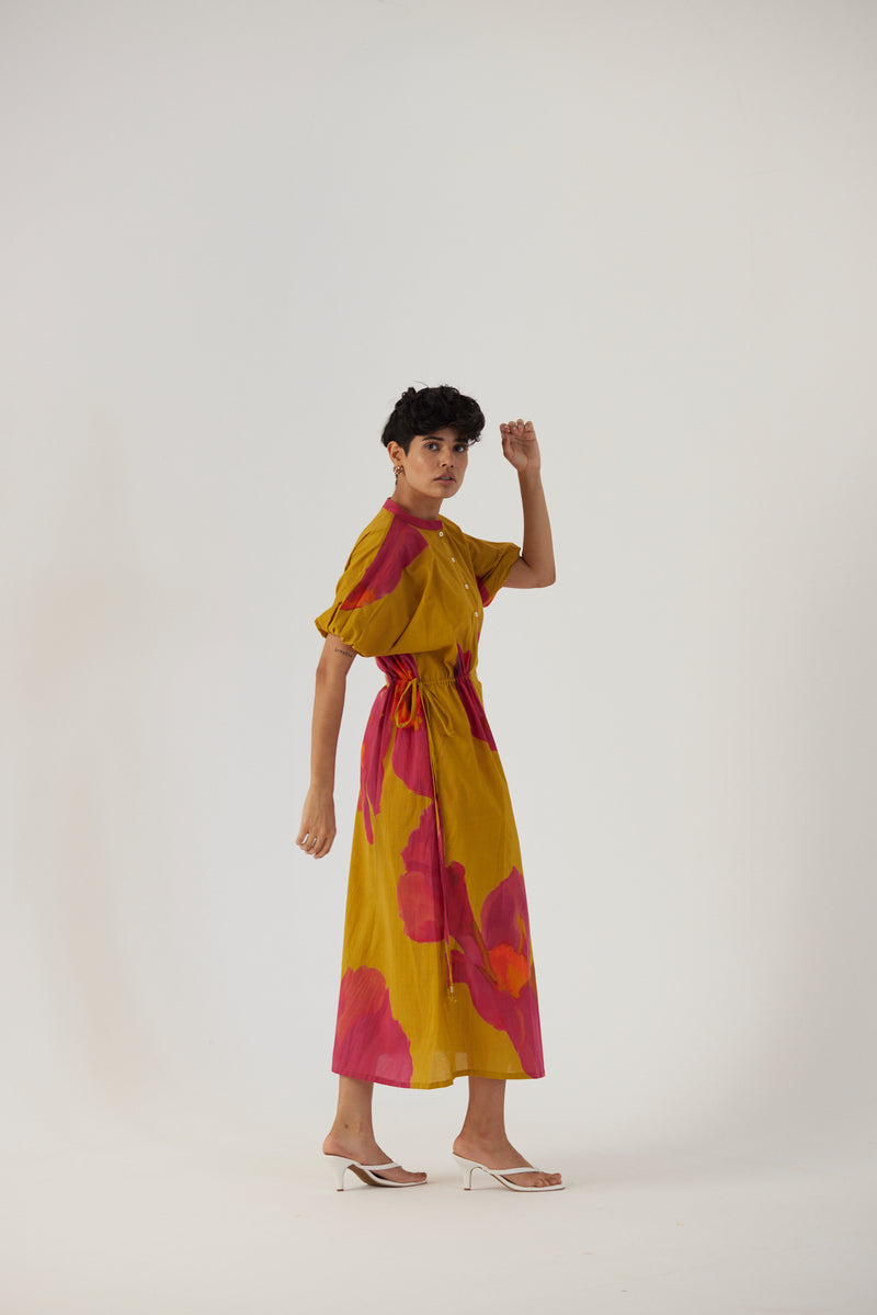 New Season Fall 23/Summer 24-Dress Cotton Side Tie-Up Pink Poppies Mustard-YAMBB17-Fashion Edit Yam - Shop Cult Modern