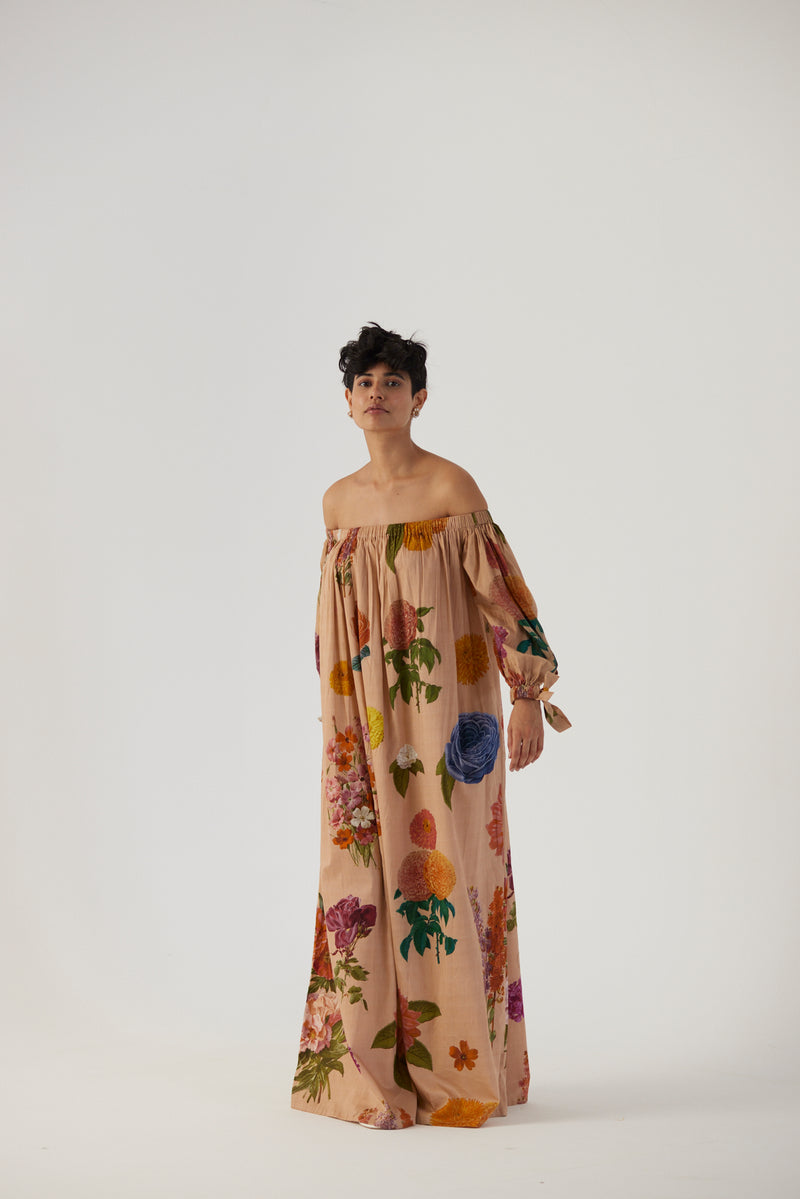 New Season Fall 23/Summer 24-Dress-Cotton -Off-Shoulder-Vintage Garden Beige-YAMBB04-Fashion Edit Yam - Shop Cult Modern