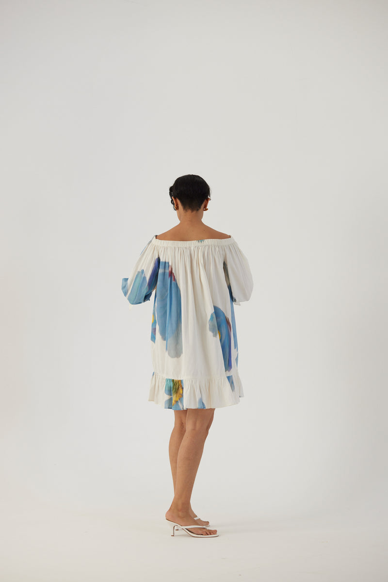 New Season Fall 23/Summer 24-Dress Cotton Satin Off-Shoulder Blue Poppies White-YAMBB13-Fashion Edit Yam - Shop Cult Modern