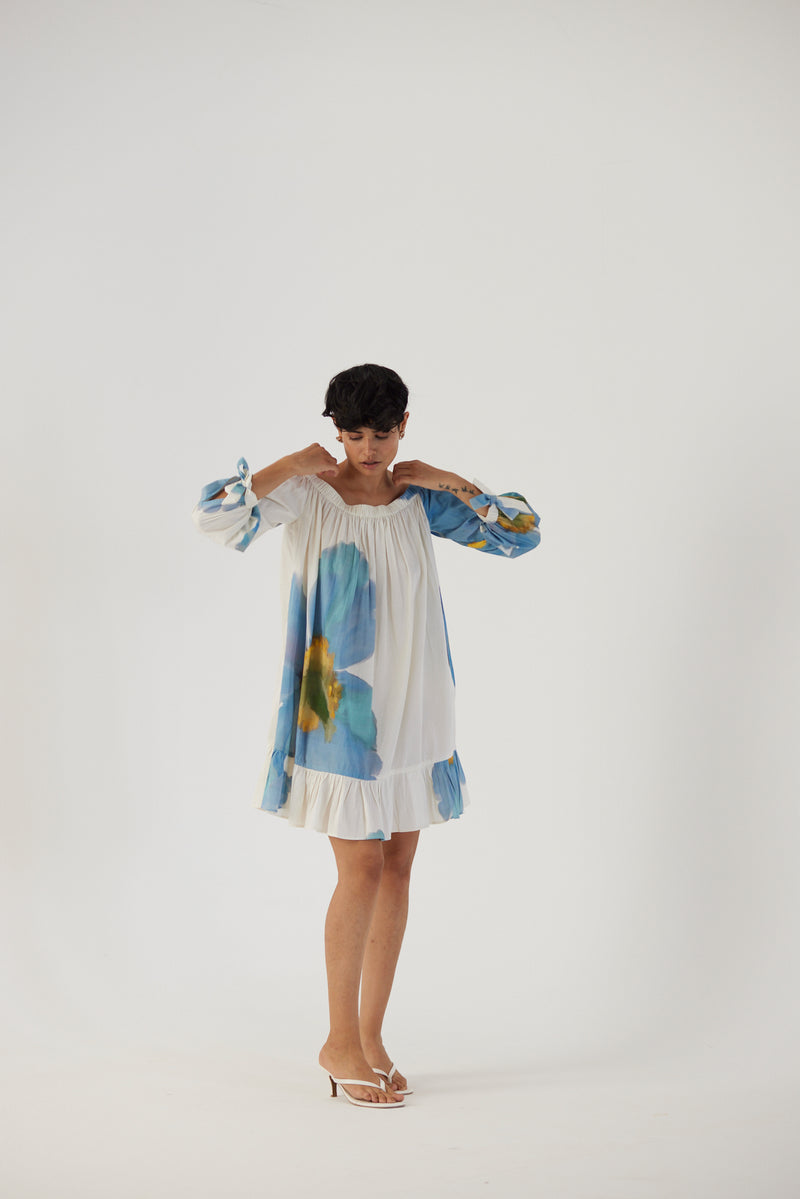 New Season Fall 23/Summer 24-Dress Cotton Satin Off-Shoulder Blue Poppies White-YAMBB13-Fashion Edit Yam - Shop Cult Modern