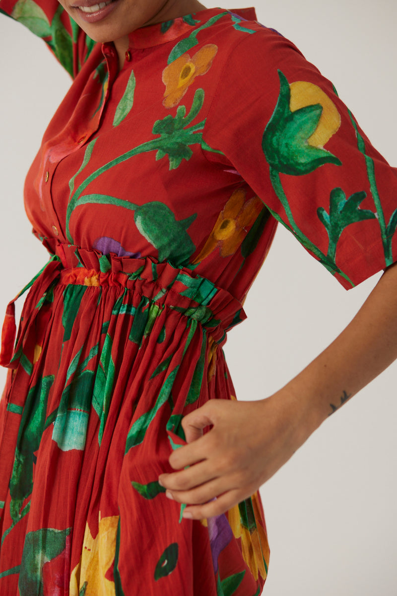 New Season Fall 23/Summer 24-Dress Cotton Gathered Big Botanical Red-YAMBB10-Fashion Edit Yam - Shop Cult Modern