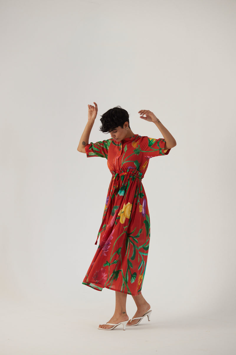 New Season Fall 23/Summer 24-Dress Cotton Gathered Big Botanical Red-YAMBB10-Fashion Edit Yam - Shop Cult Modern