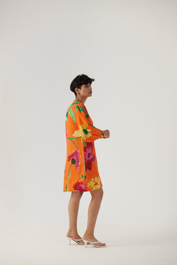 New Season Fall 23/Summer 24-Dress Linen Short Big Botanical Orange-YAMBB11-Fashion Edit Yam - Shop Cult Modern