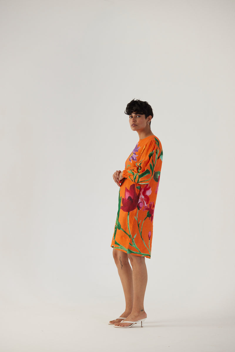 New Season Fall 23/Summer 24-Dress Linen Short Big Botanical Orange-YAMBB11-Fashion Edit Yam - Shop Cult Modern