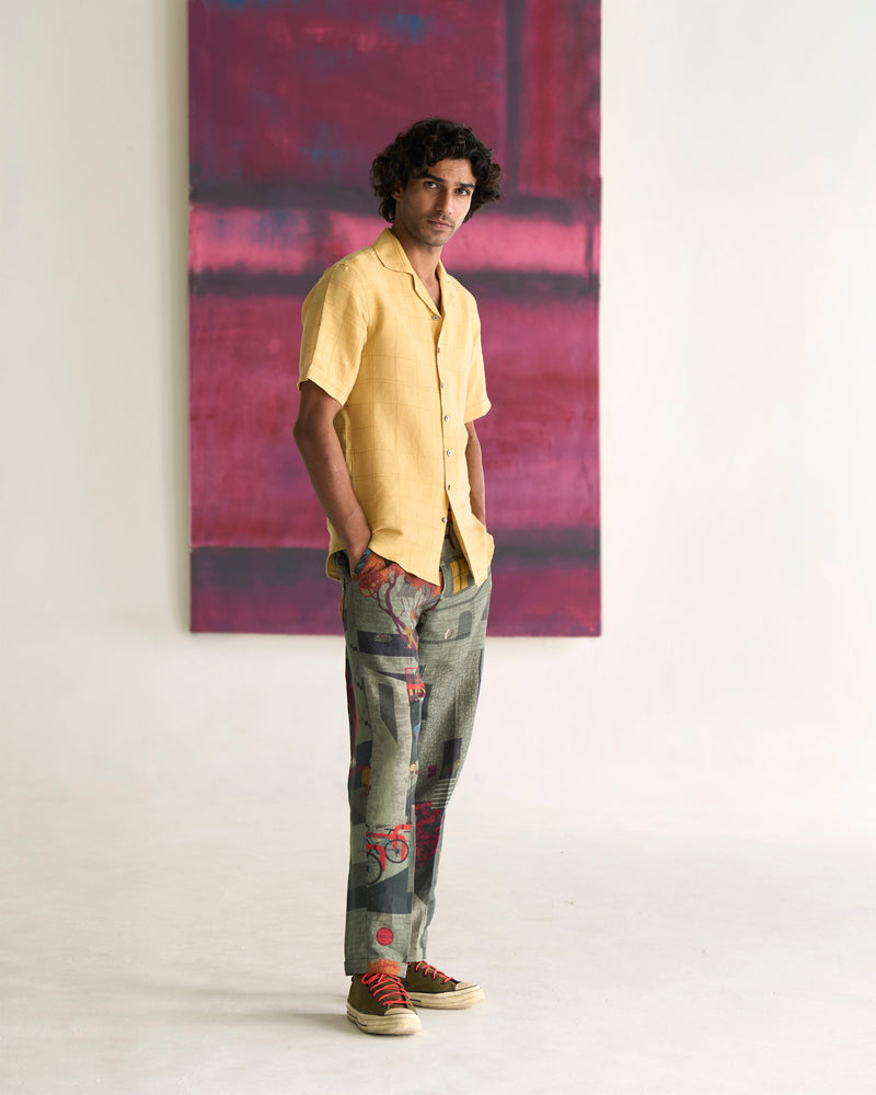 Summer Bush Shirt Yellow Check Dhagai Cotton Linen S413CL113 SuketDhir - Shop Cult Modern