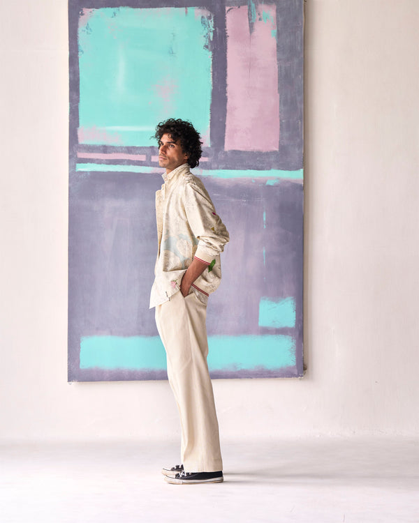 Summer Jacket Bomber Fresco Janbaaz Silk Damask White OW301SJ534 SuketDhir - Shop Cult Modern