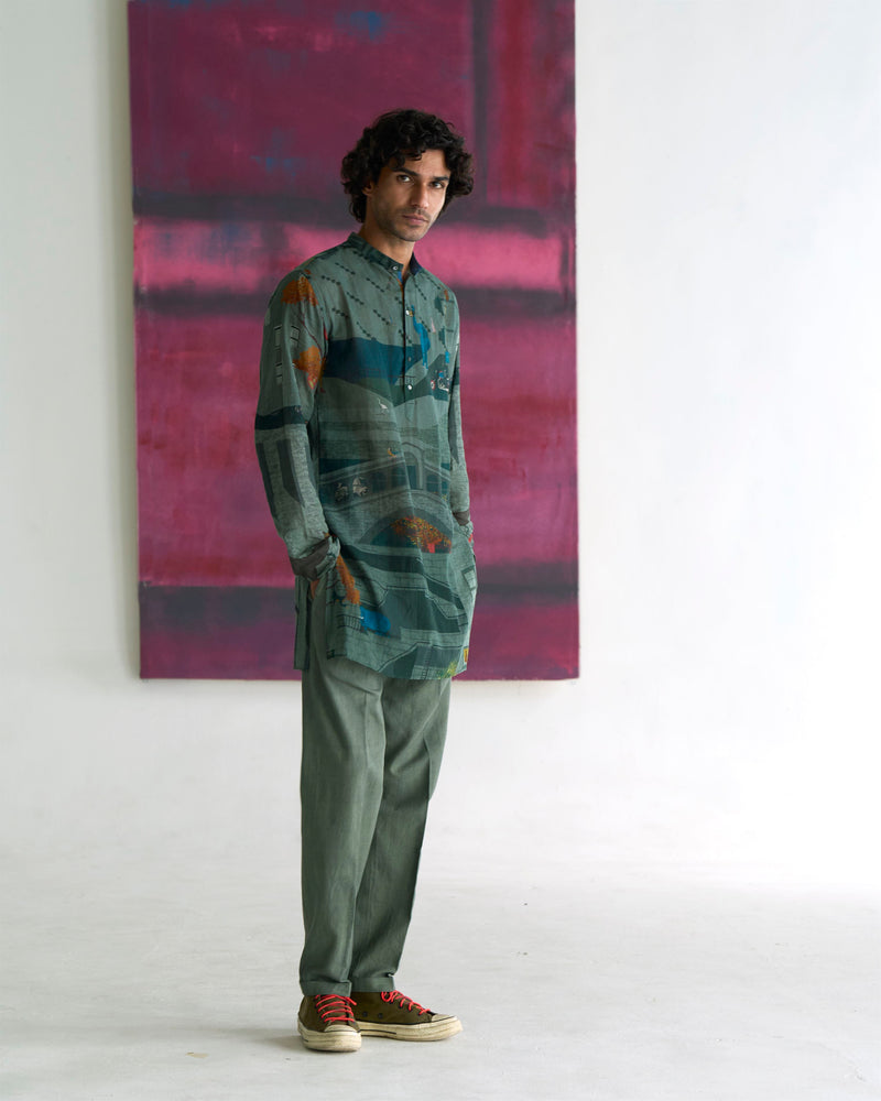 Summer Tunic Kurta Chhote Miyan Animal Cotton Sage K202CO387 SuketDhir - Shop Cult Modern