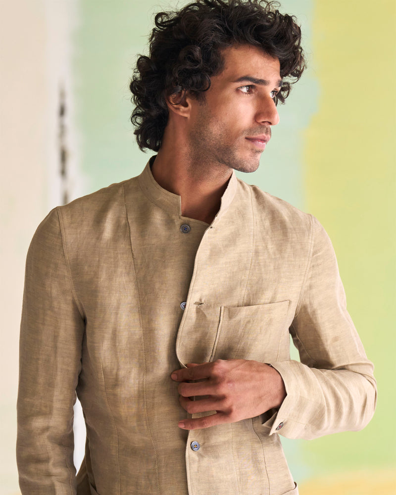 Summer Jacket Bandhgala Sage Satin Linen OW305SL50 SuketDhir - Shop Cult Modern