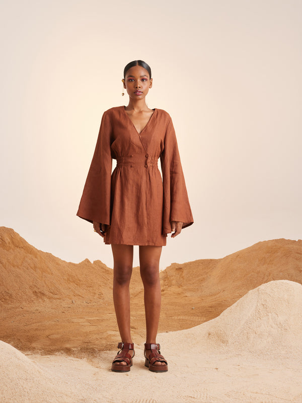 Summer Dress Bell Sleeves-Rust-Linen-Ss23-Bsd-Rst-Cord - Shop Cult Modern