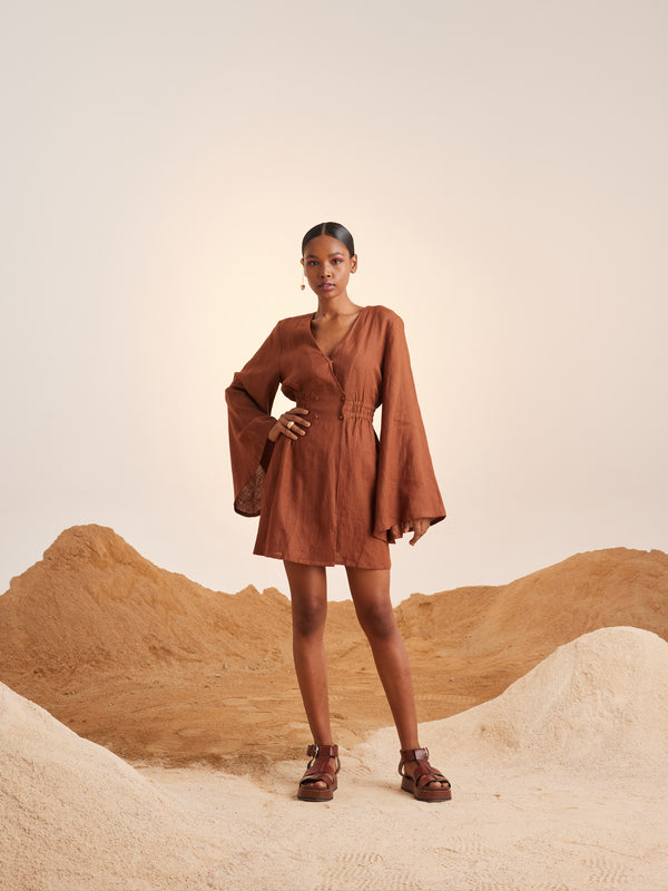 Summer Dress Bell Sleeves-Rust-Linen-Ss23-Bsd-Rst-Cord - Shop Cult Modern