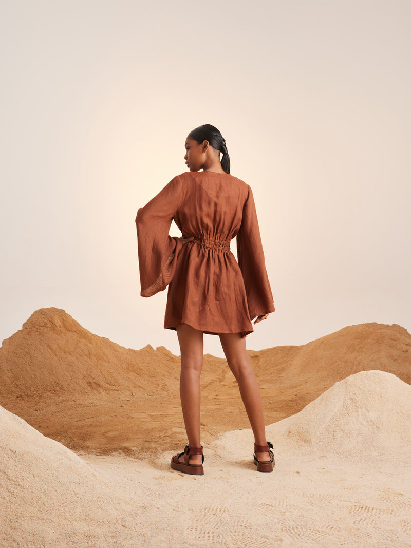 Summer Dress Bell Sleeves-Rust-Linen-Ss25-Bsd-Rst-Cord - Shop Cult Modern