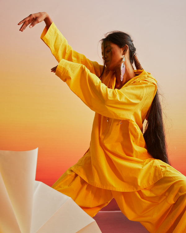 Summer Co-Ord Kurta Set-Cotton-Huda Hooded-42-Yellow-Black-lime-White-Fashion Edit Ajna Vana-Ituvana - Shop Cult Modern